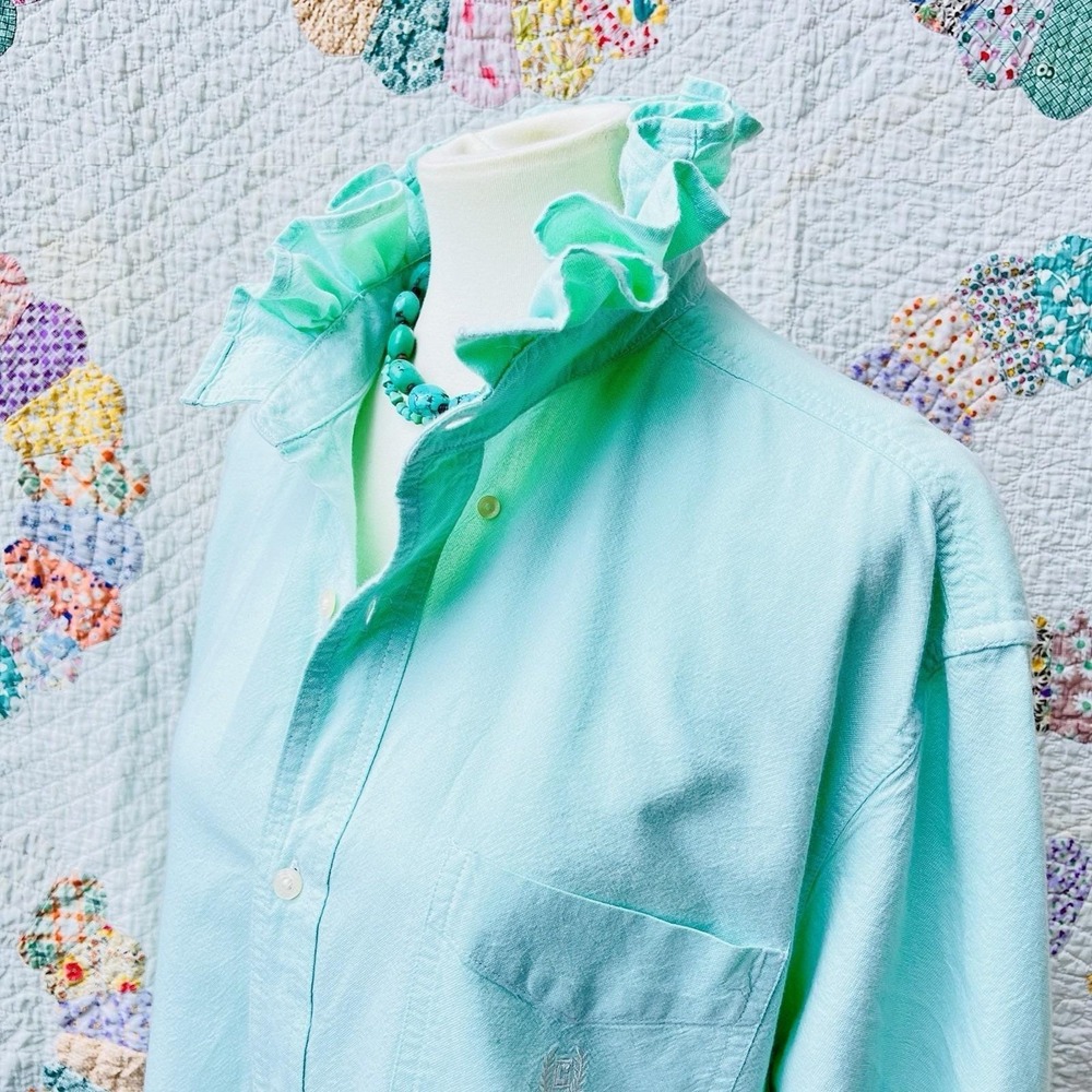 Upcycled Re-worked Chaps Mint Green  Preppy Oxford Cloth Ruffle Collar Shirt L - Picture 2 of 7